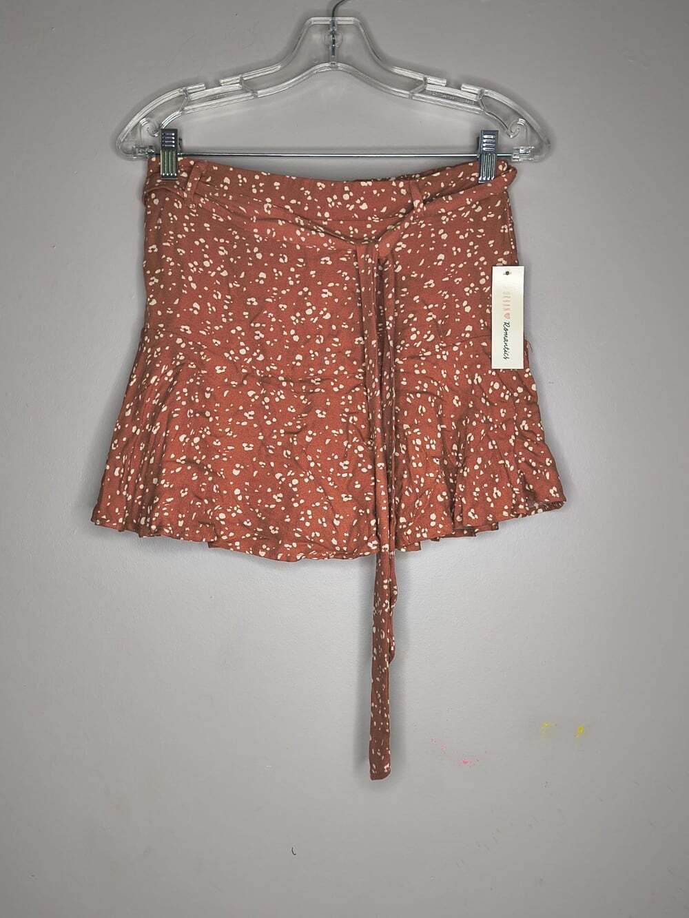 Urban Romantic Ruffled Mini Skort Rust Paint Splatter Size Small Tie Waist